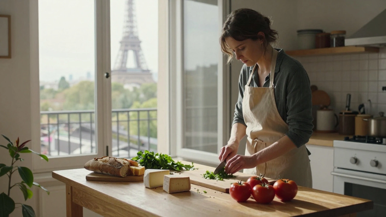 A woman prepares food in a sunlit Parisian kitchen, fresh ingredients on a wooden table with Eiffel Tower in distance.