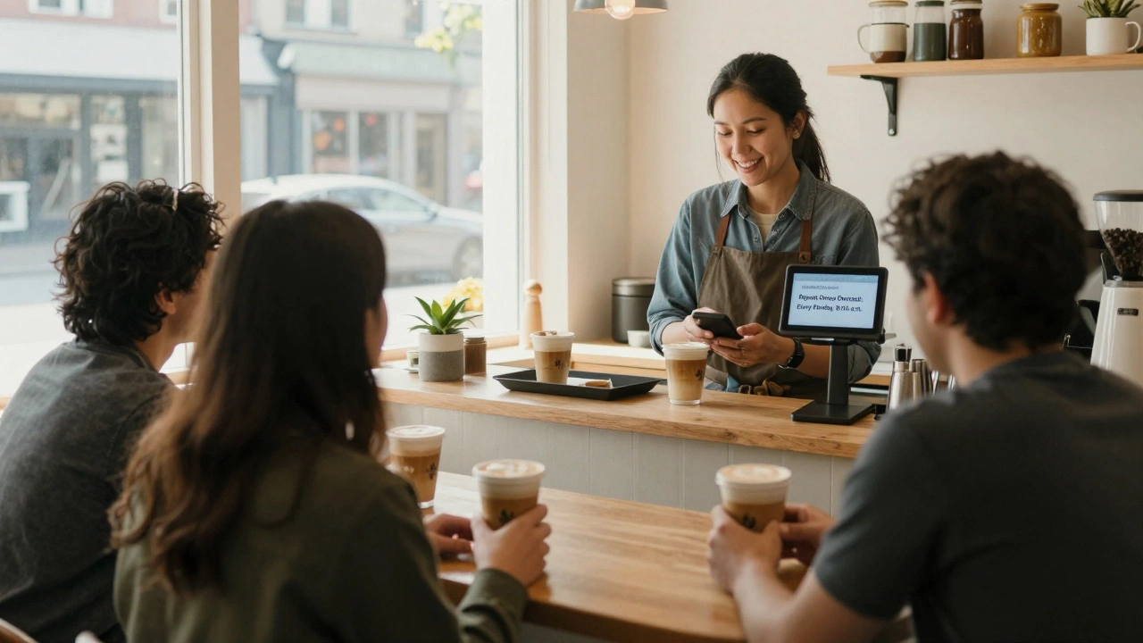 Five regular customers at a coffee shop on Monday morning, with the owner checking a pattern alert on her device.