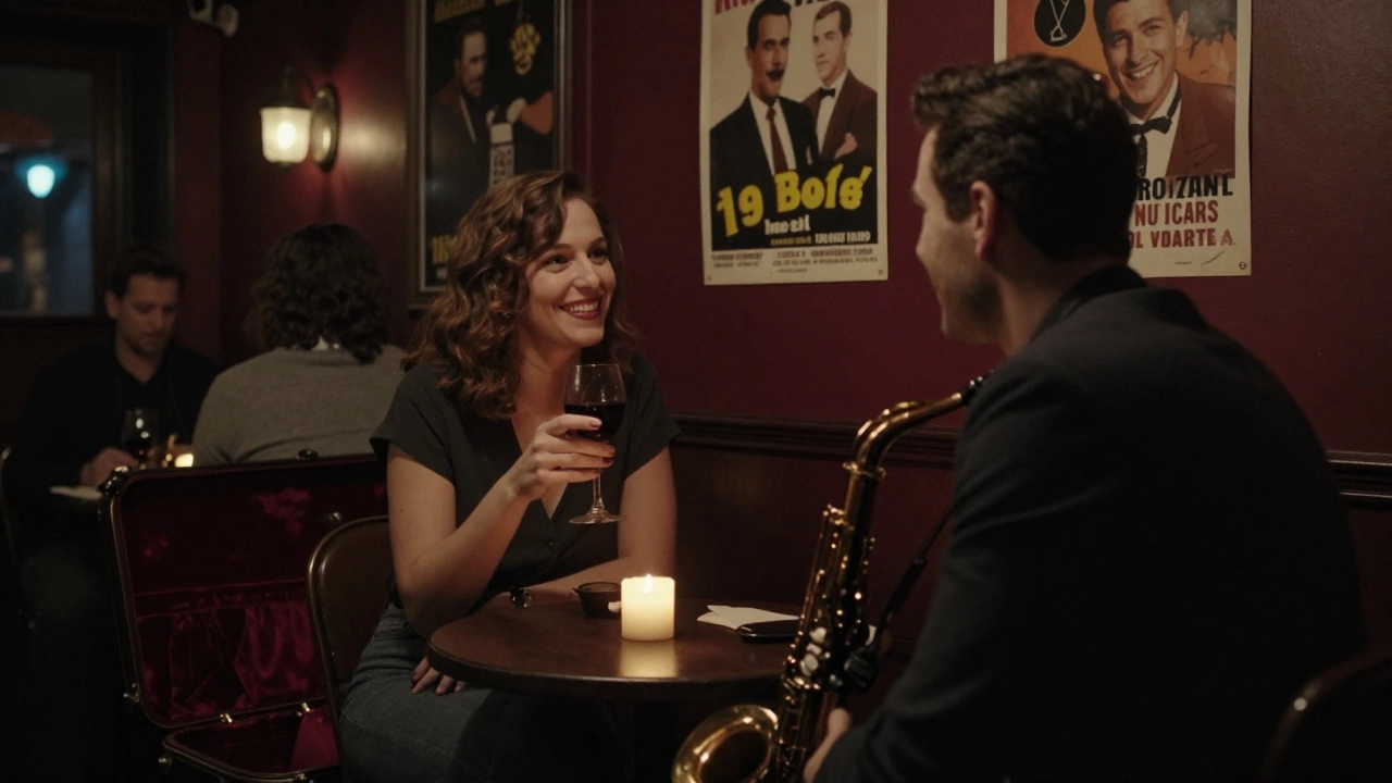 Two people share a quiet moment in a dimly lit Montmartre jazz club, candlelight reflecting in wine glasses.